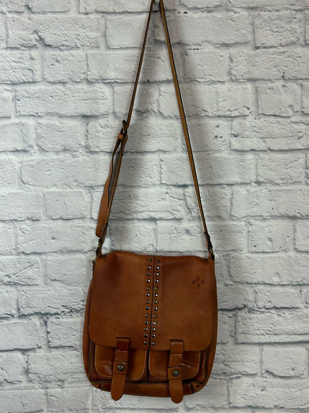 Patricia Nash Tan Brown Leather Studded Flap Crossbody Messenger Bag